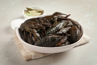 Photo of Fresh raw crayfishes on light grey table