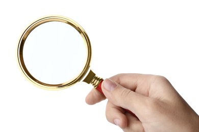 Photo of Woman holding magnifying glass on white background, closeup