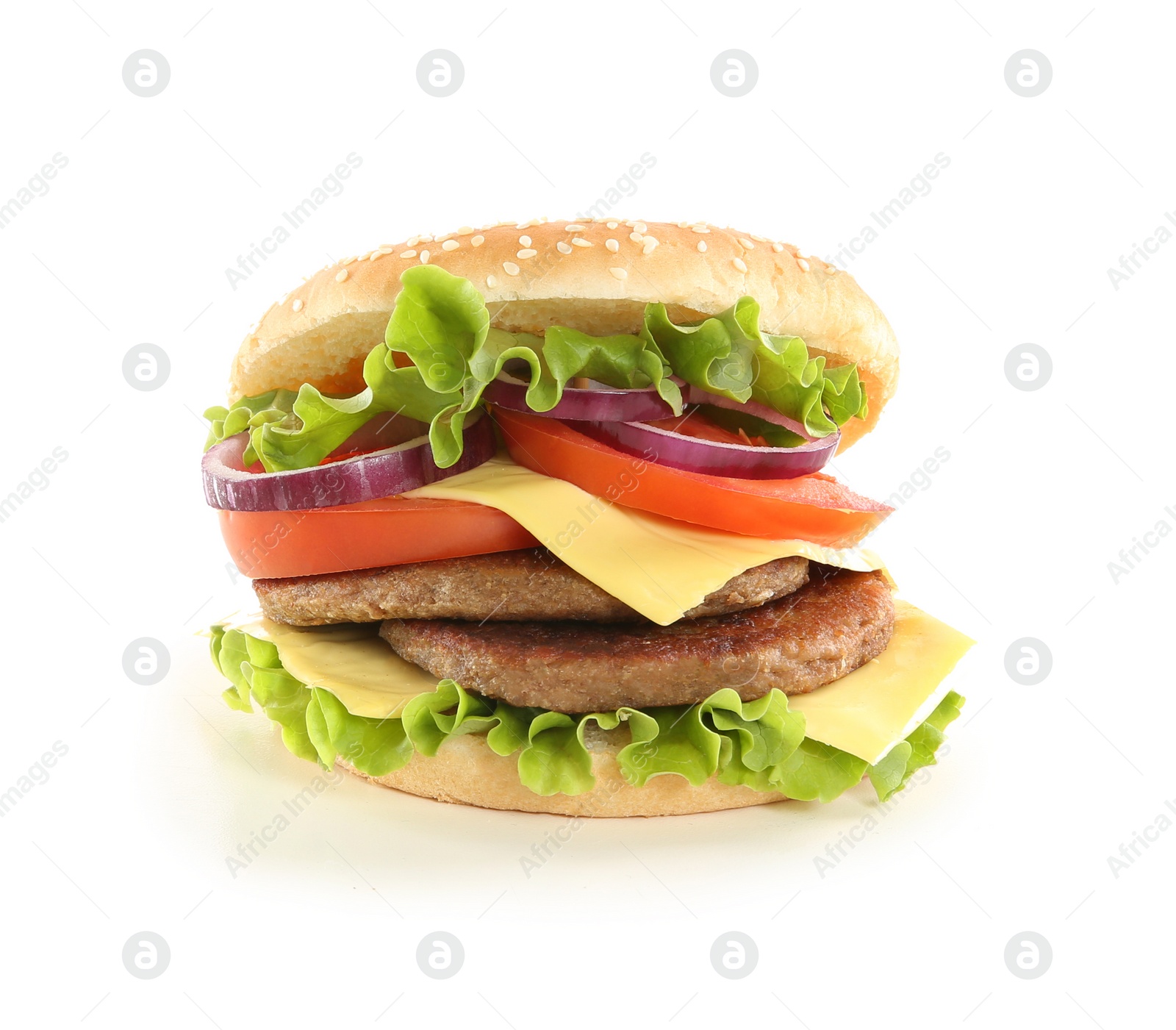 Photo of Tasty double burger with cheese on white background