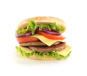 Tasty double burger with cheese on white background