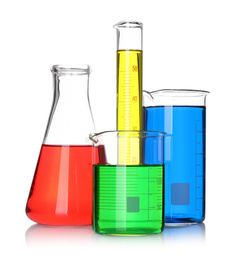 Photo of Laboratory glassware with samples on white background