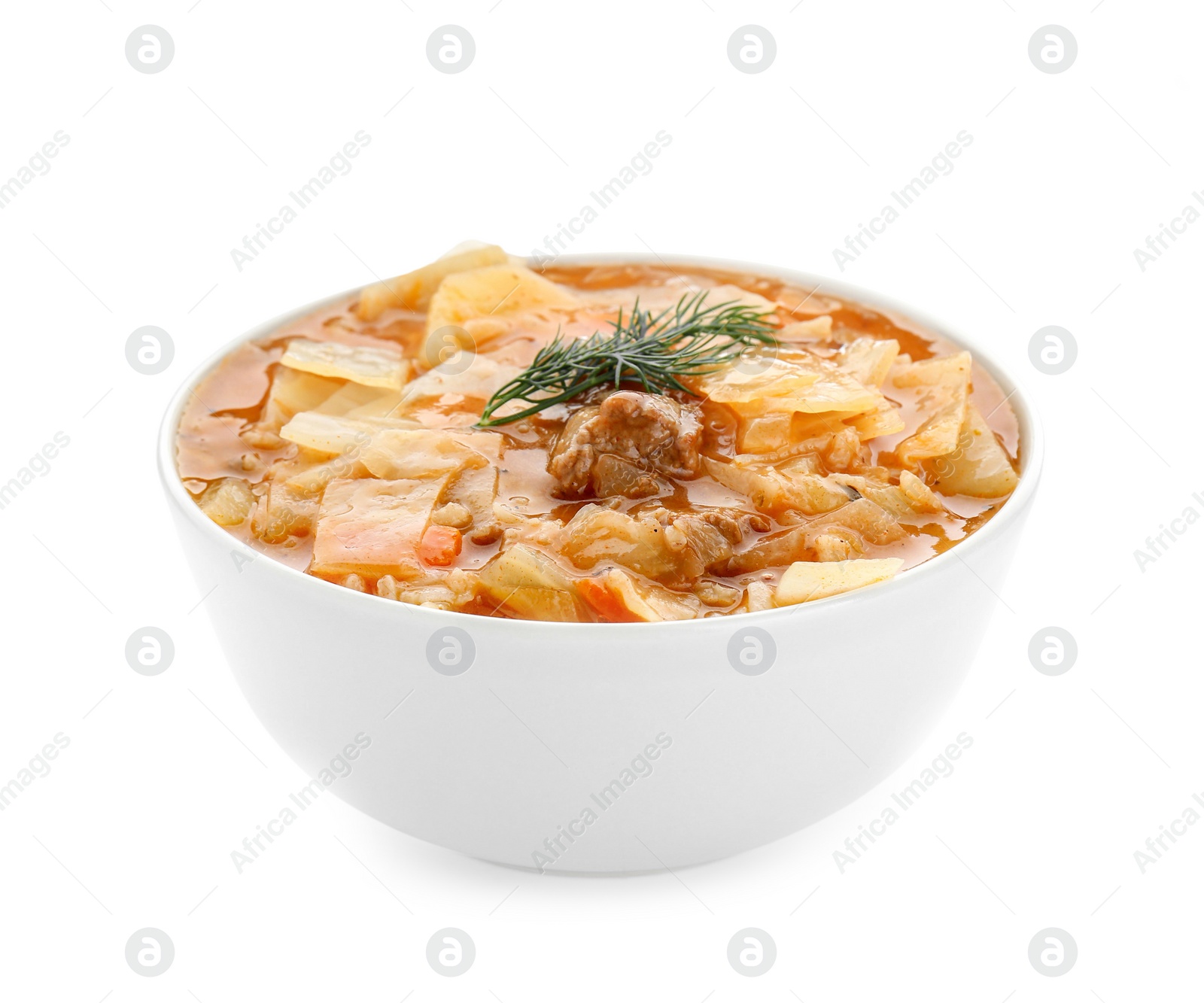 Photo of Tasty cabbage soup with meat, carrot and dill on white background