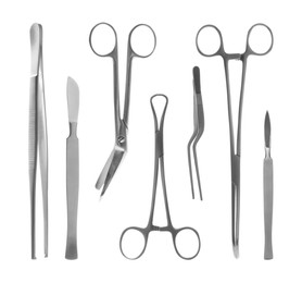 Image of Set with different surgical instruments on white background 