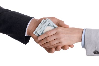 Photo of Money exchange. Man giving dollar banknotes to woman on white background, closeup