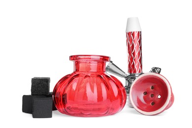 Parts of modern red hookah on white background