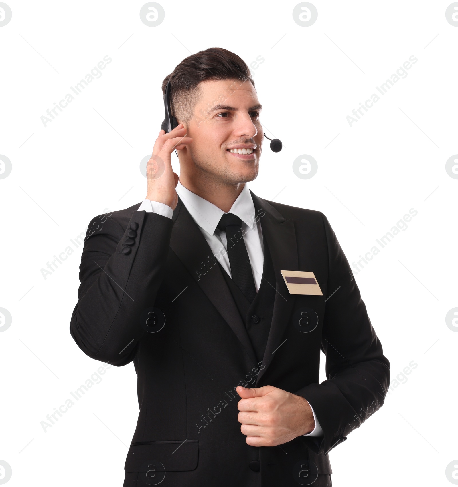 Photo of Portrait of receptionist with headset on white background