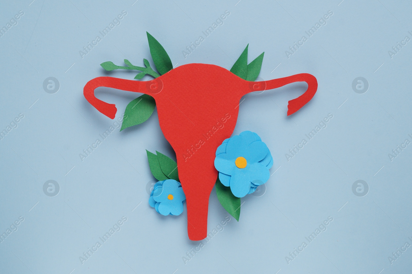 Photo of Woman's health. Paper uterus and flowers on light blue background, flat lay