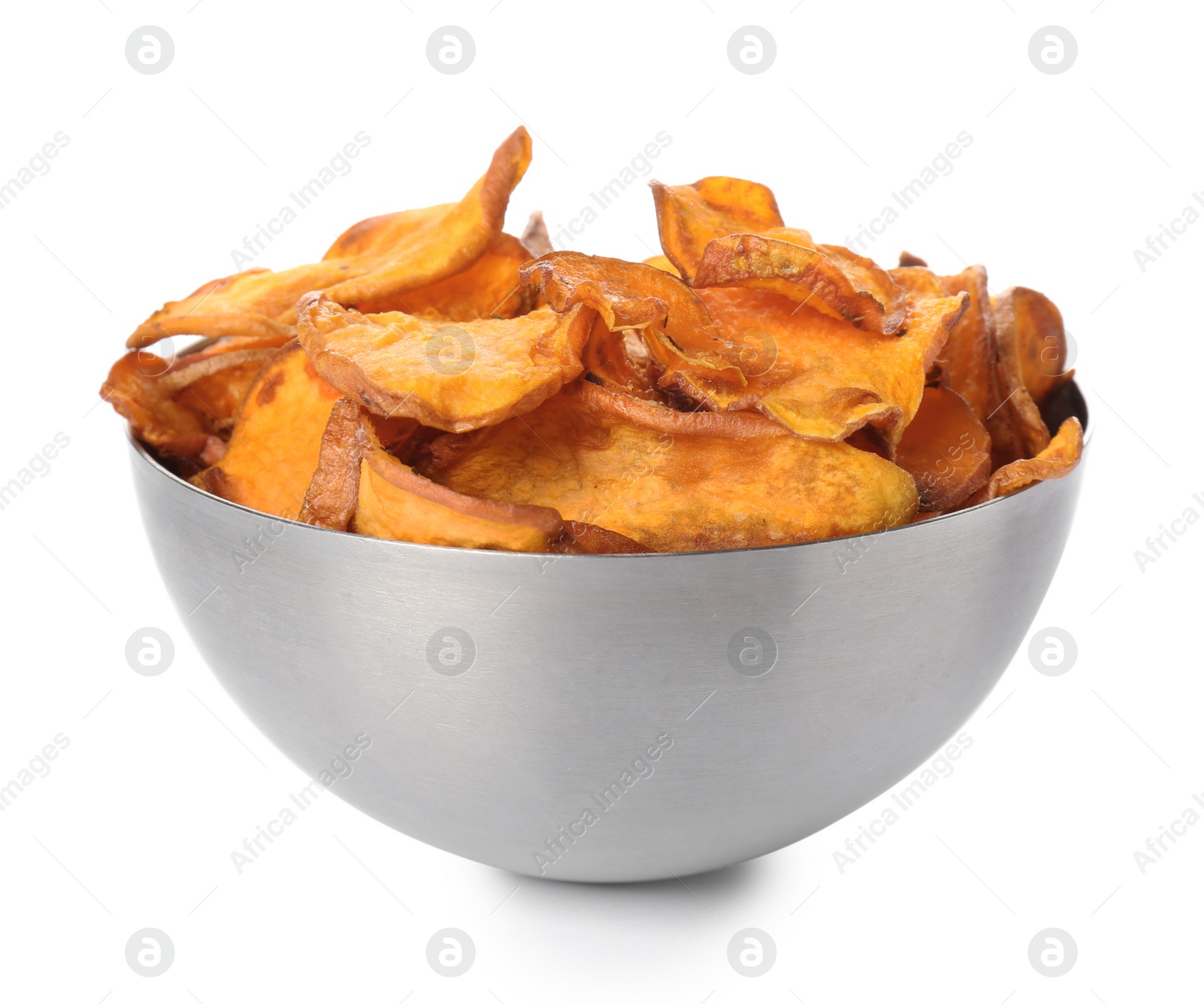 Photo of Bowl of tasty sweet potato chips isolated on white