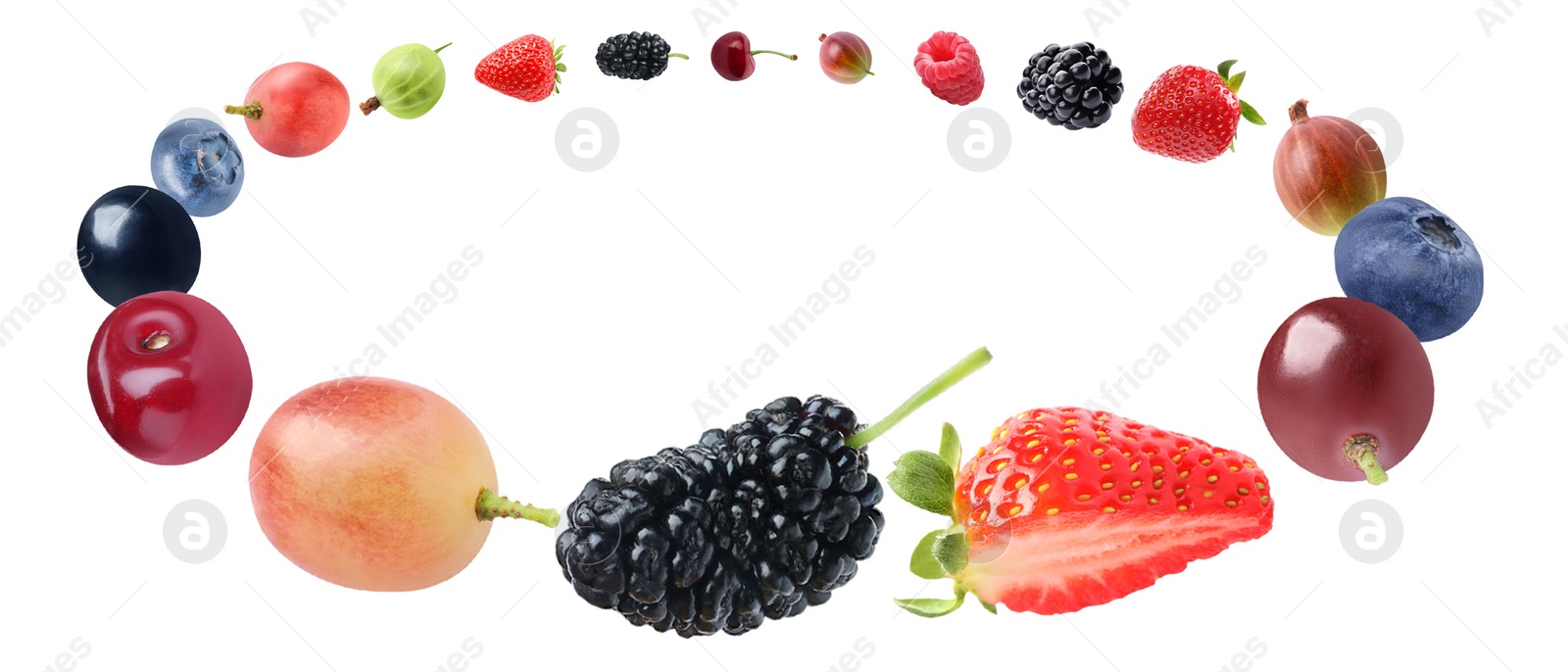 Image of Many different fresh berries flying in circle on white background