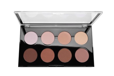 Colorful contouring palette on white background, top view. Professional cosmetic product