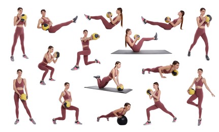 Image of Athletic woman doing different exercises with medicine ball on white background, collage