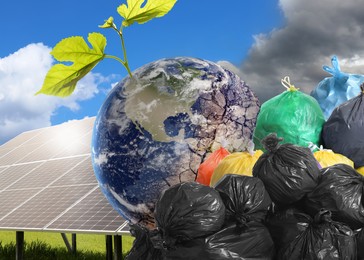 Image of Environmental pollution. Collage divided into clean and contaminated Earth. Globe with seedling and solar panels on one side and cracked soil and trash bags full of garbage on the other