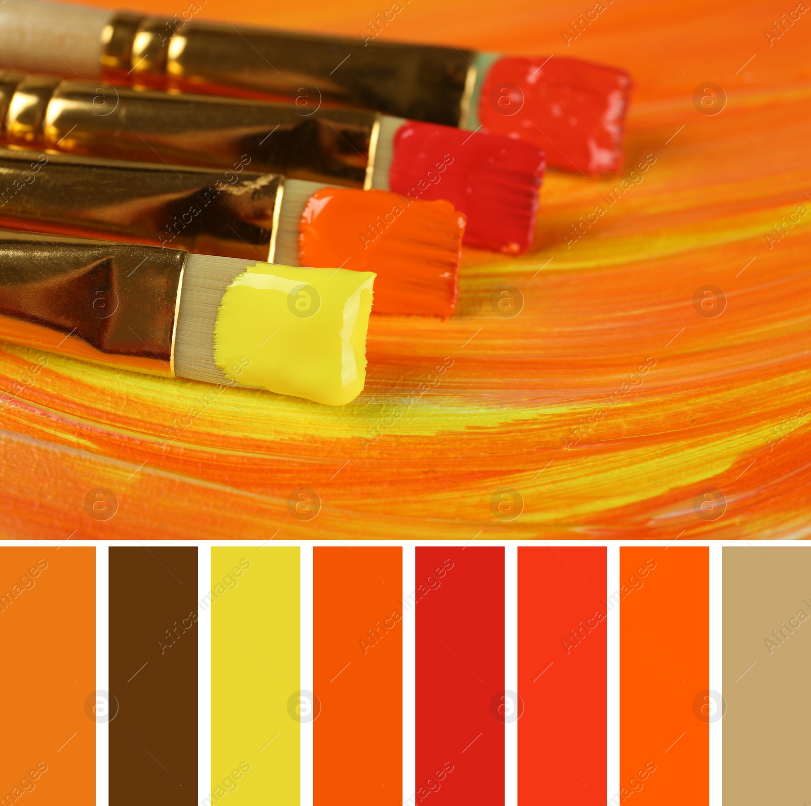 Image of Palette of autumn colors and different brushes with bright paints, closeup