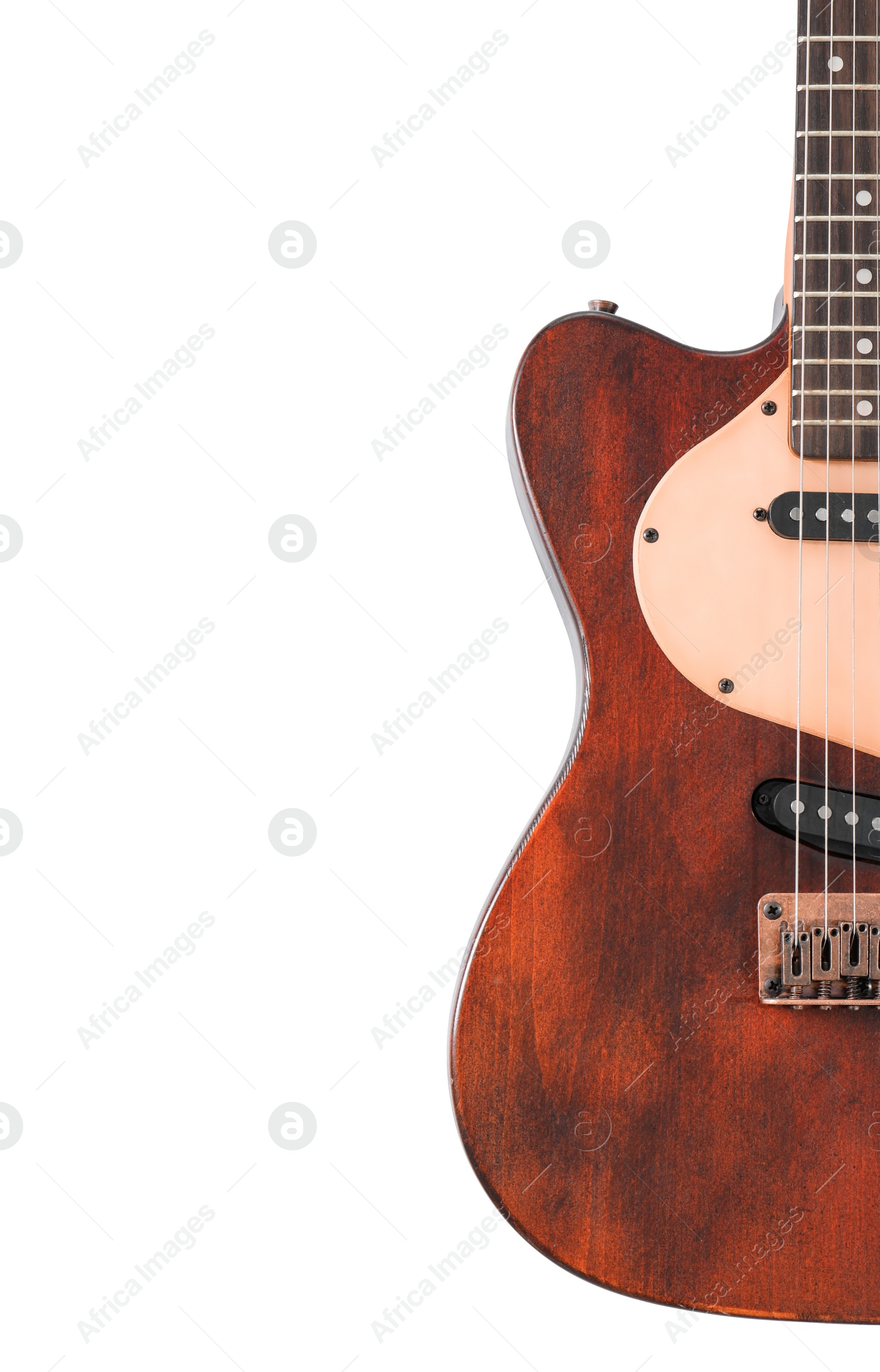 Photo of Electric guitar on white background, top view. Space for text