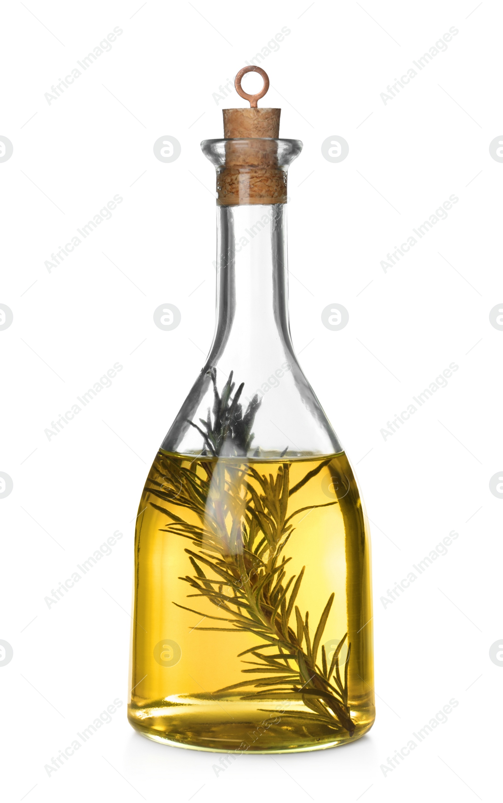 Photo of Cooking oil with rosemary in glass bottle isolated on white