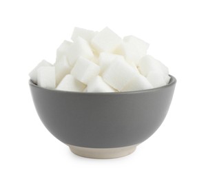 Bowl with cubes of refined sugar isolated on white