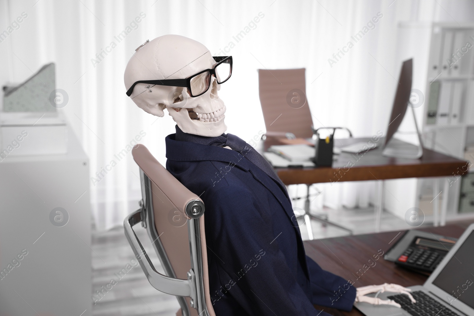 Photo of Human skeleton in suit using laptop at table in office