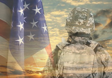 Image of Veterans Day. Soldier outdoors and flag of USA, double exposure