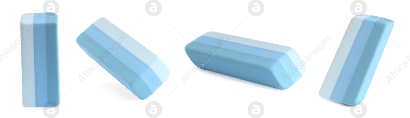 Image of Collage of rubber erasers on white background. Banner design