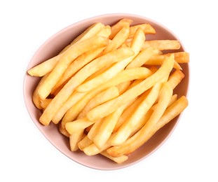 Bowl of delicious french fries on white background, top view