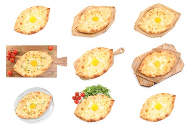 Image of Collage with tasty Adjarian khachapuris on white background