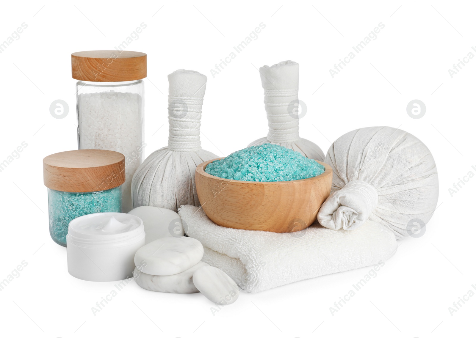 Photo of Beautiful spa composition with different body care products isolated on white