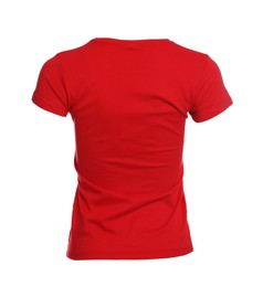 Mannequin with red women's t-shirt isolated on white. Mockup for design