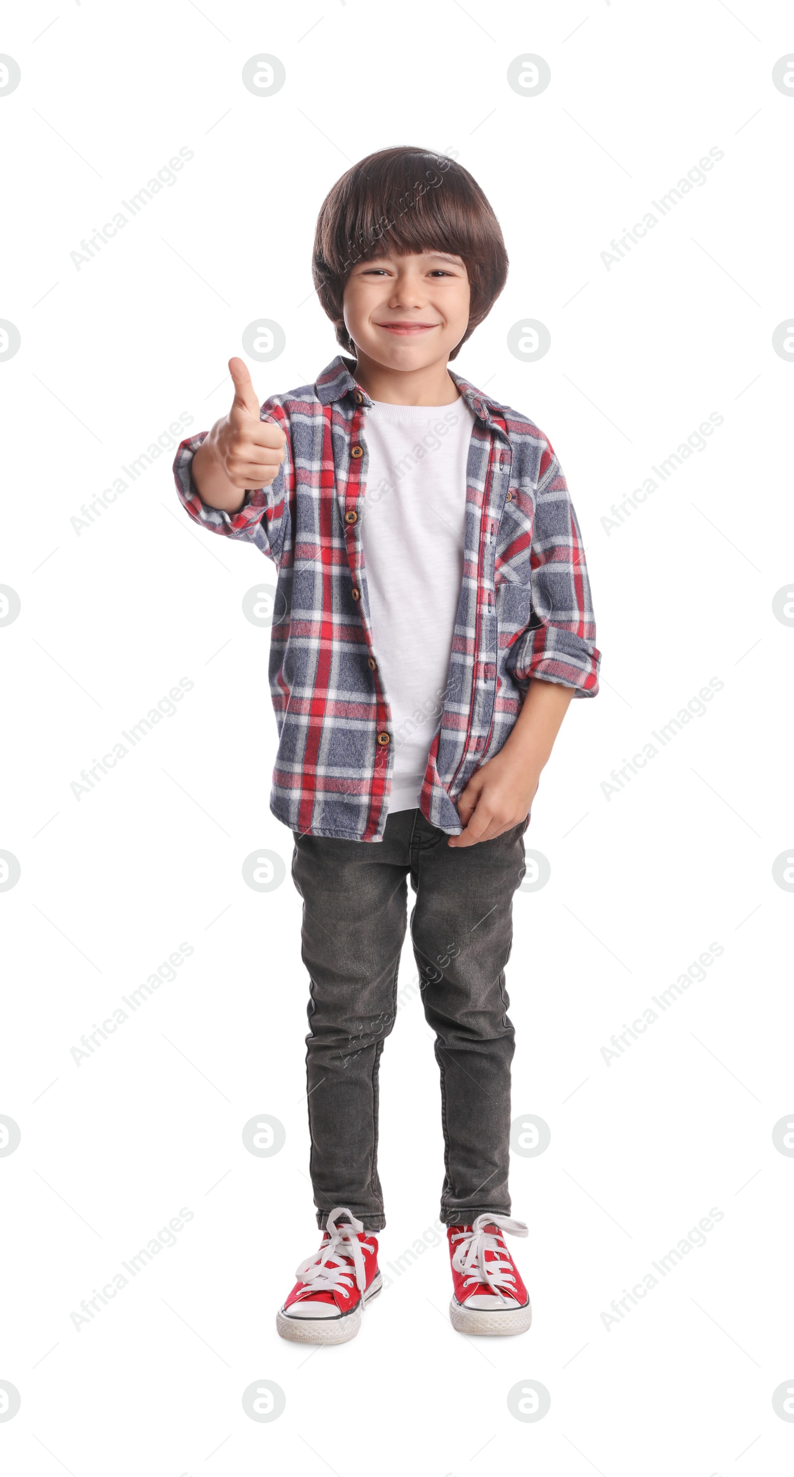 Photo of Full length portrait of cute little boy on white background