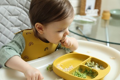 Cute little baby eating healthy food in high chair indoors