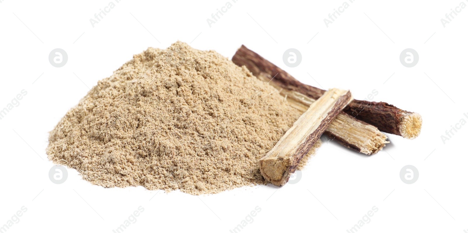 Photo of Dried sticks of liquorice root and powder on white background