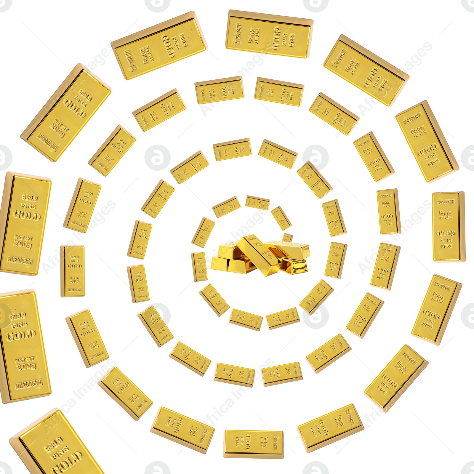 Image of Whirl of many gold bars on white background