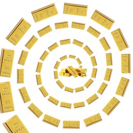 Whirl of many gold bars on white background