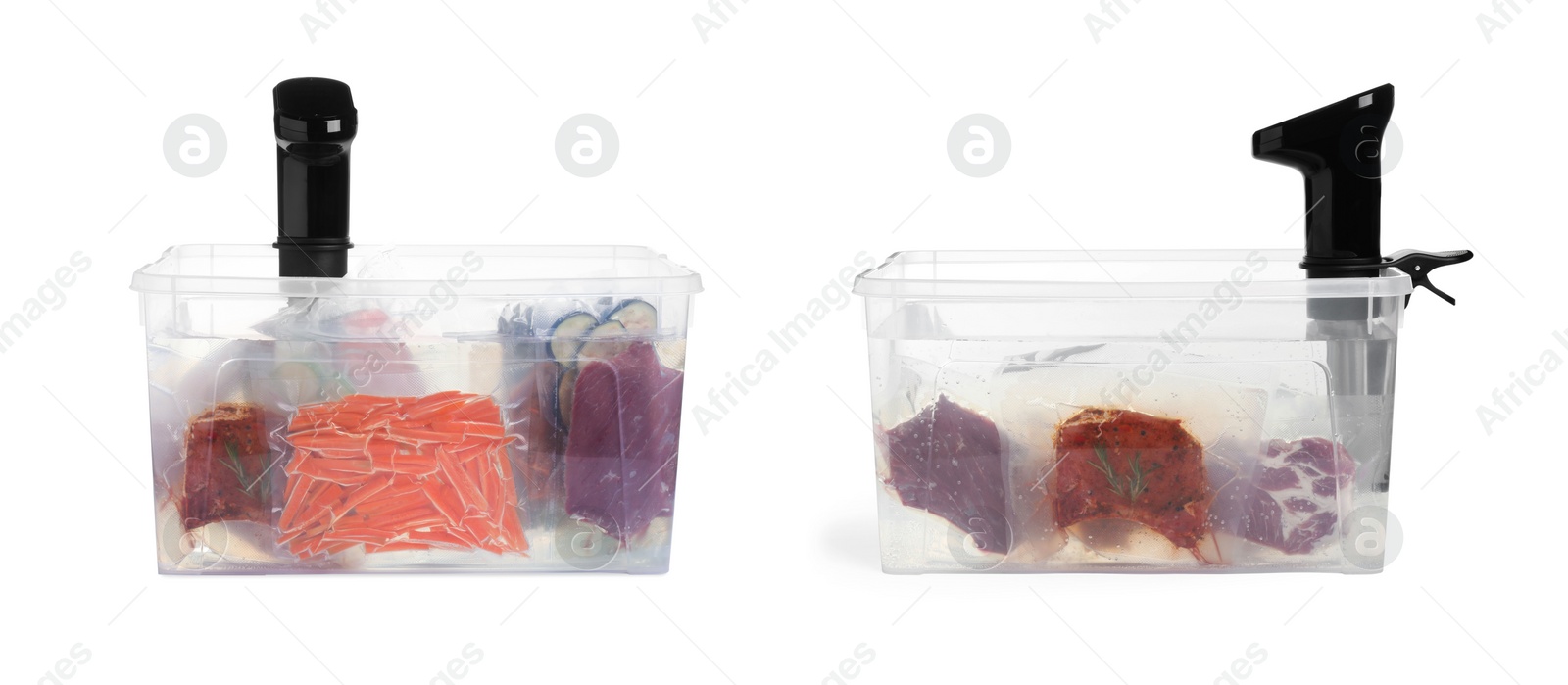 Image of Collage of sous vide cooker and vacuum packed meat in container isolated on white. Thermal immersion circulator