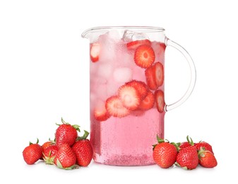 Freshly made strawberry lemonade and berries in jug isolated on white