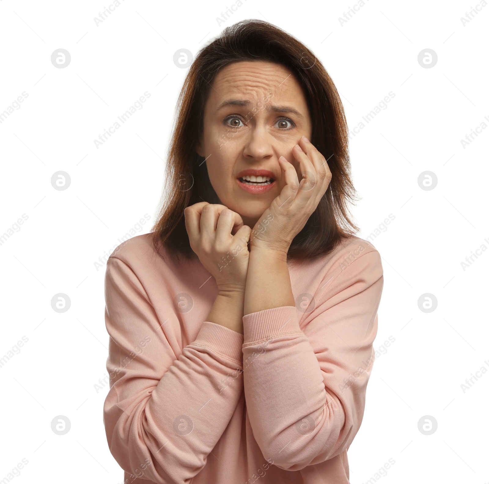 Photo of Mature woman feeling fear on white background