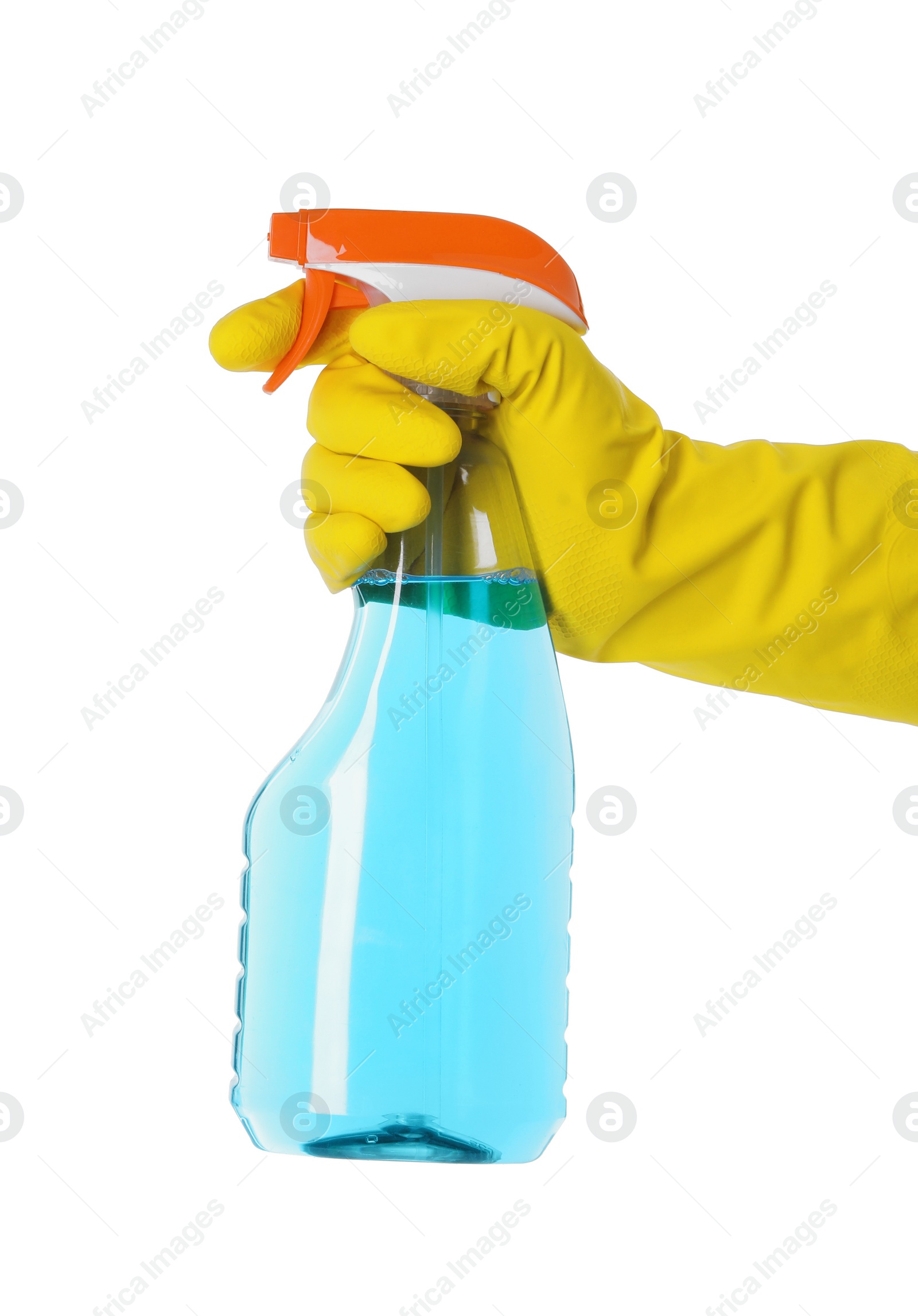 Photo of Woman holding plastic spray bottle with liquid isolated on white, closeup