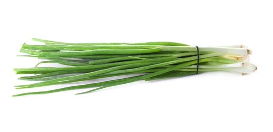 Photo of Bunch of fresh green onions on white background