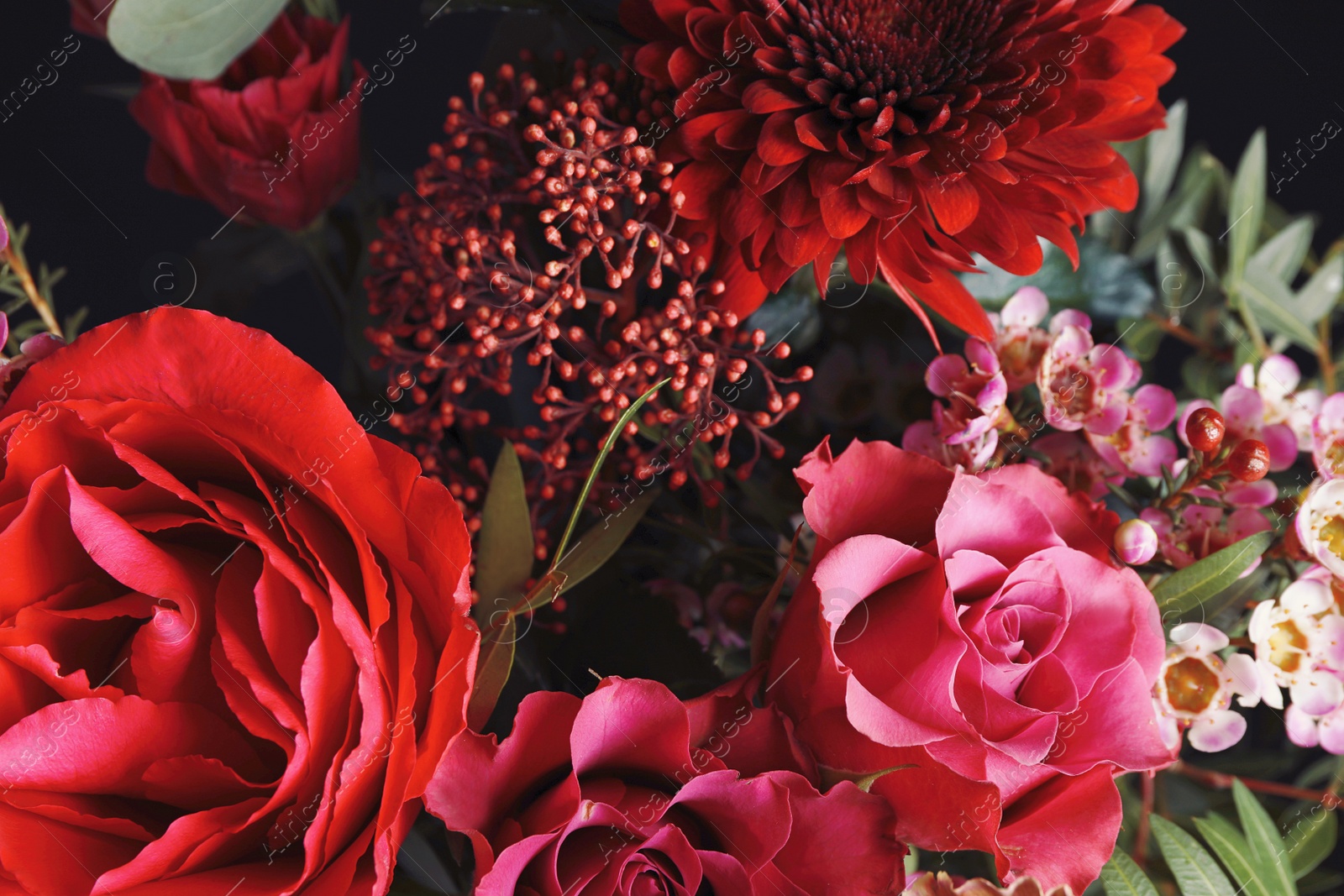 Photo of Beautiful fresh bouquet as background, closeup. Floral decor