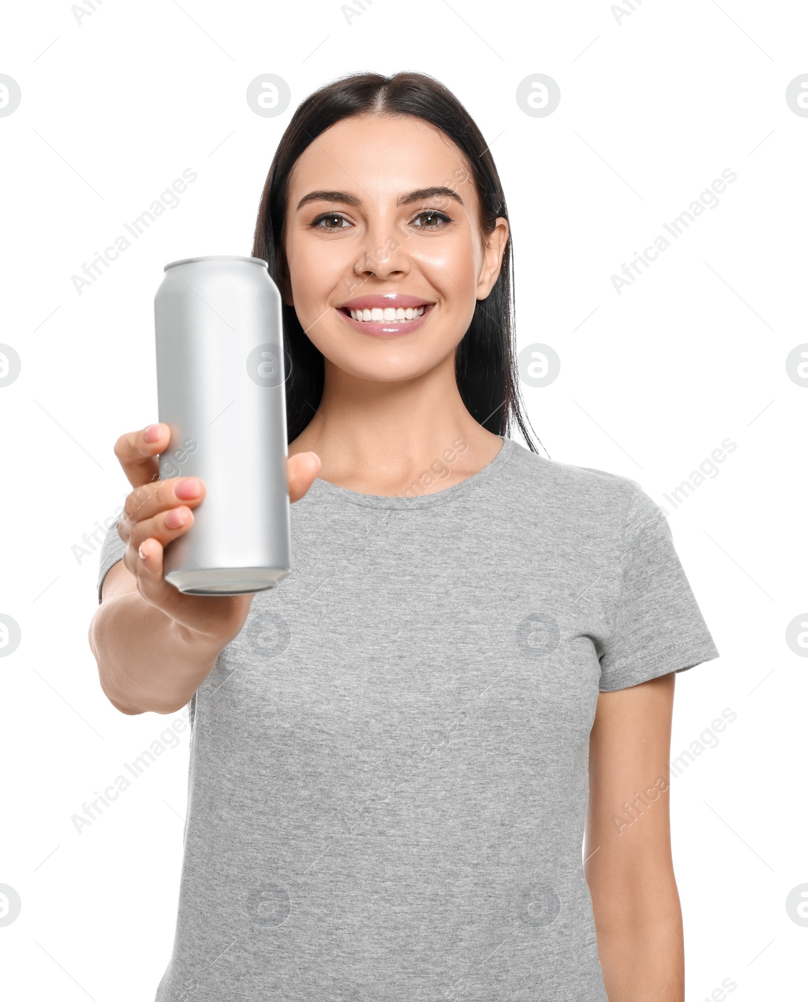 Photo of Beautiful happy woman holding beverage can on white background