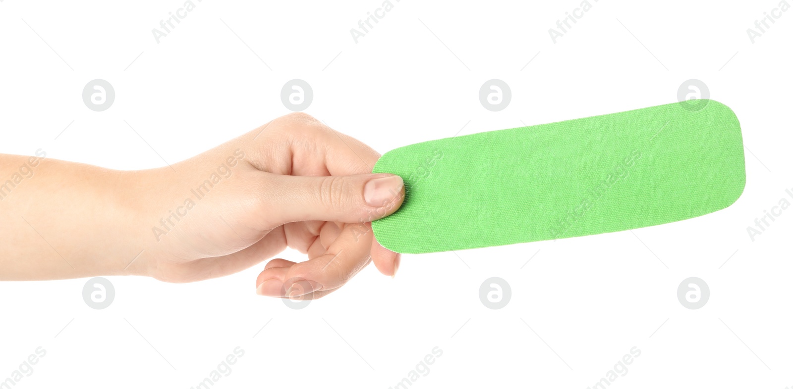 Photo of Woman with bright kinesio tape piece on white background, closeup