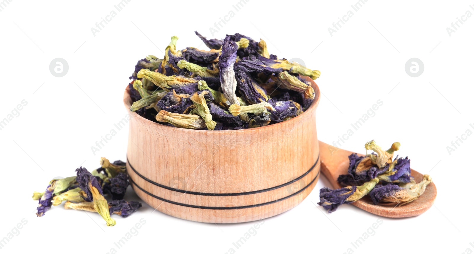 Photo of Organic blue Anchan in bowl on white background. Herbal tea