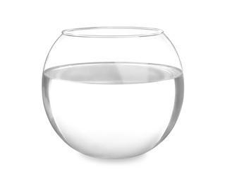 Photo of Glass fish bowl with clear water isolated on white