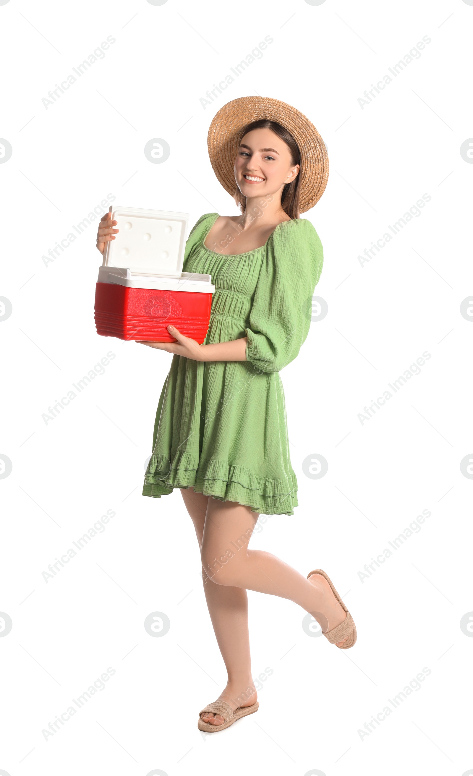 Photo of Happy young woman with plastic cool box isolated on white