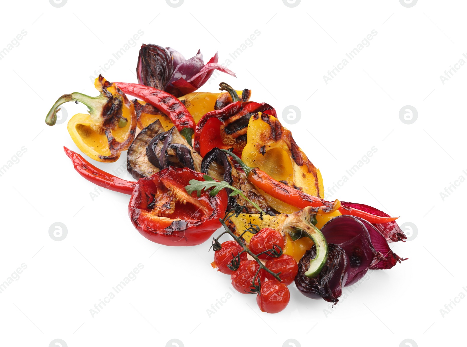 Photo of Different delicious grilled vegetables isolated on white