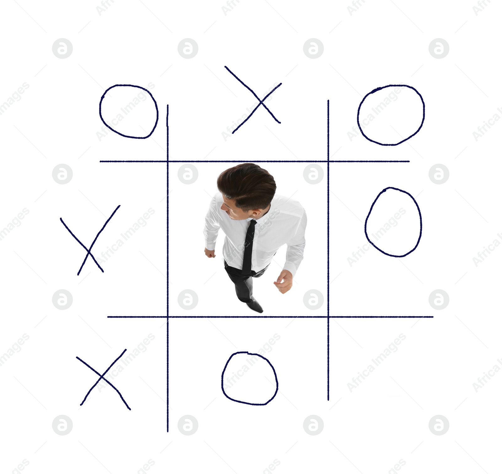 Image of Man and illustration of tic-tac-toe game on white background, above view. Business strategy concept 