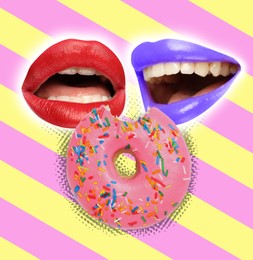 Image of Stylish art collage. Beautiful lips and donut on color background
