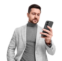 Handsome bearded businessman with smartphone on white background