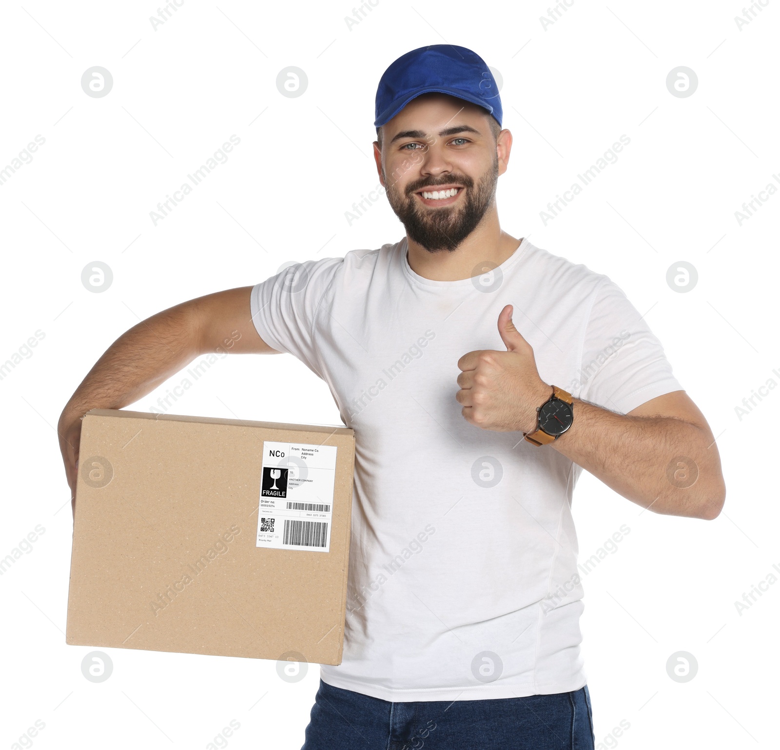 Photo of Happy young courier with cardboard box on white background