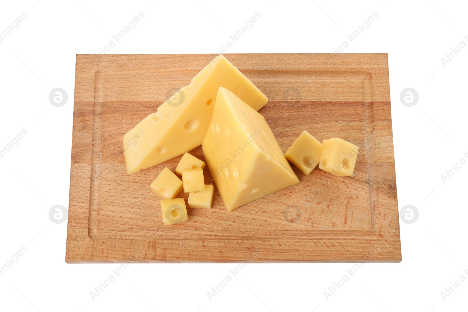 Photo of Cut fresh delicious cheese isolated on white