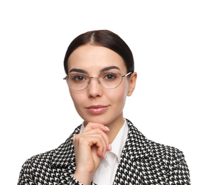 Portrait of young businesswoman on white background